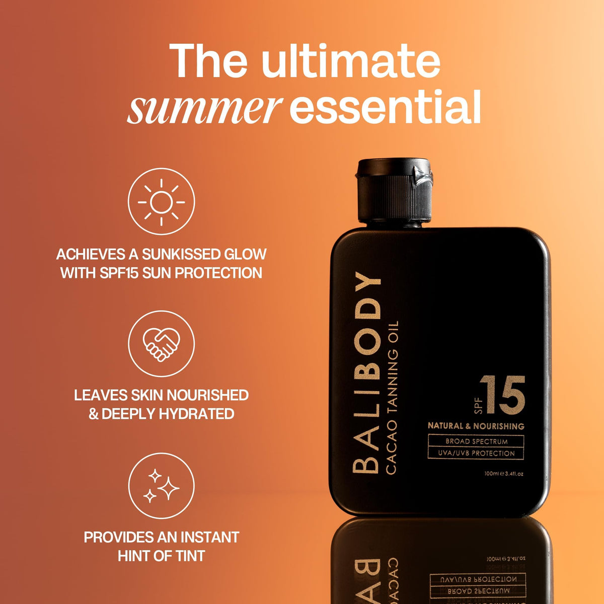 Bali Body bottle on beach towel in sunlight showing lifestyle use benefit: glowing skin aesthetic