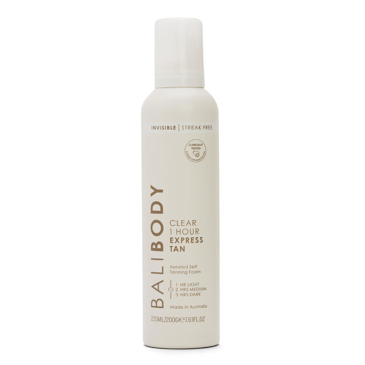 BALI BODY front packaging showing clear express self tanner, quick-acting benefit