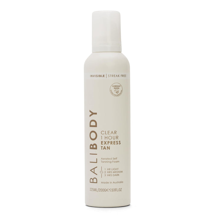 BALI BODY front packaging showing clear express self tanner, quick-acting benefit
