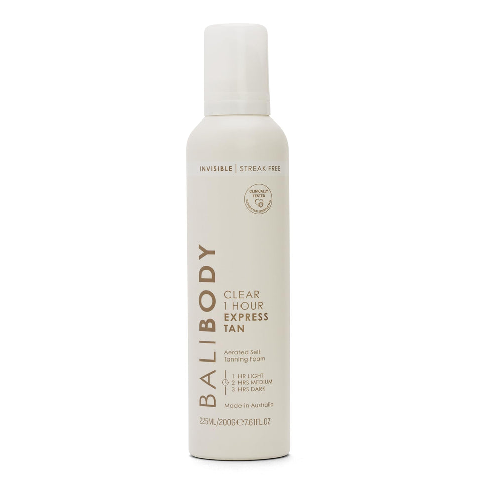 BALI BODY front packaging showing clear express self tanner, quick-acting benefit