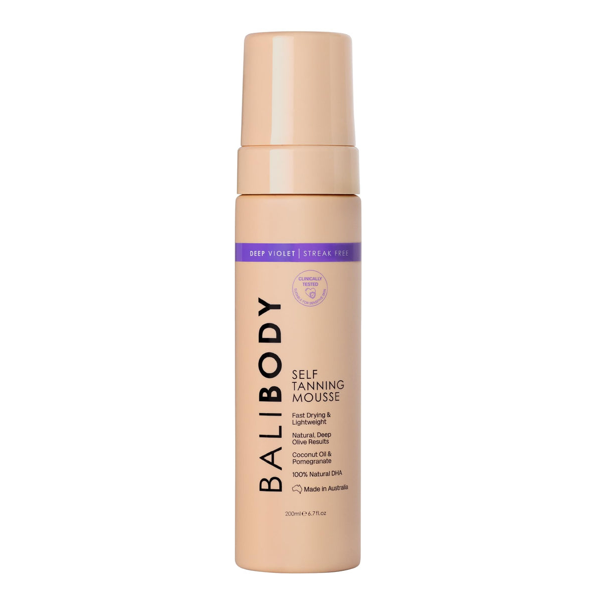 BALI BODY front packaging showing deep violet self tanning mousse benefits