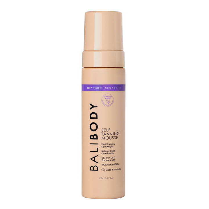 BALI BODY front packaging showing deep violet self tanning mousse benefits
