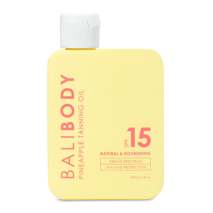 BALI BODY pineapple tanning oil front bottle showing SPF15 protection and tropical design