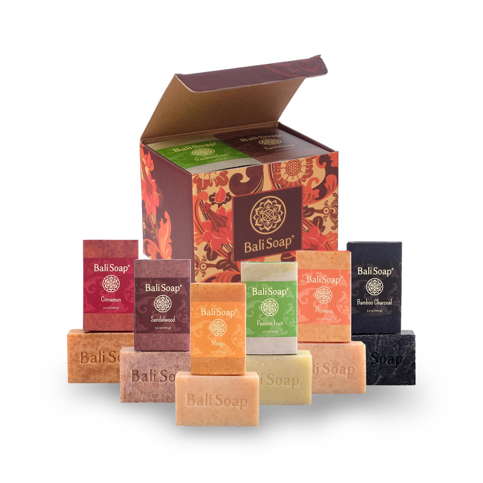 Bali Soap front packaging showing six vibrant bars and gift box, ideal present