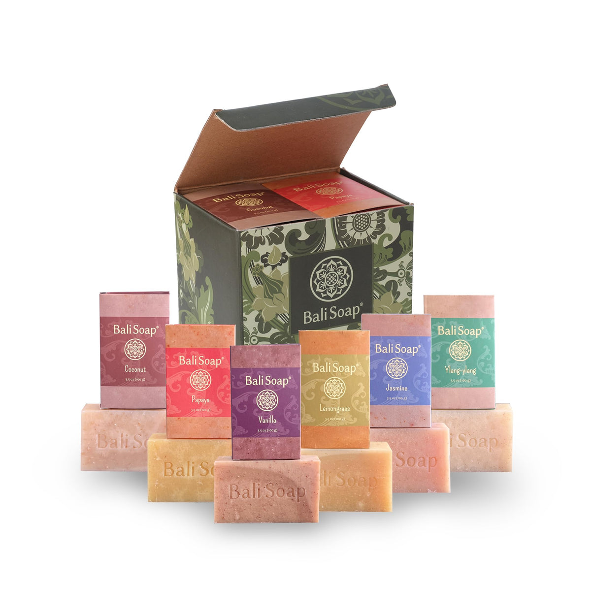 Bali Soap front packaging showing six bars ready for gifting and presentation benefit