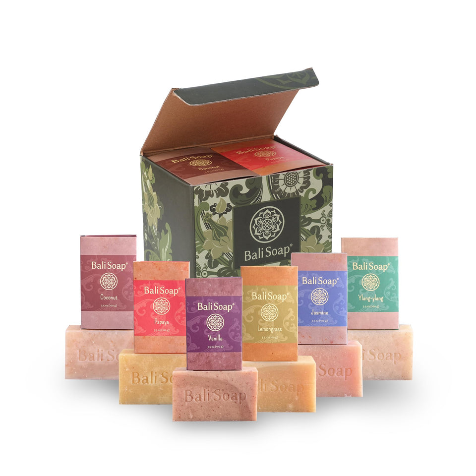 Bali Soap front packaging showing six bars ready for gifting and presentation benefit