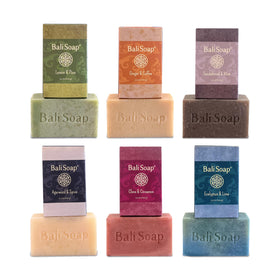 Bali Soap six bars arranged to display variety and scent options