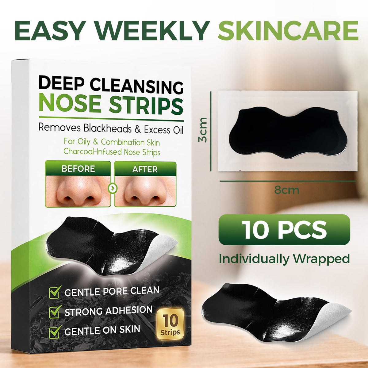Balldanlu strips on vanity showing weekly T-zone care and storage
