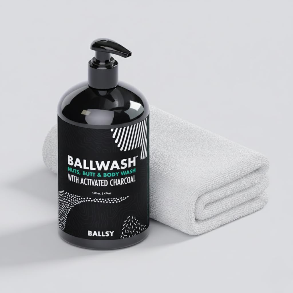 Ballsy bottle placed near shower caddy demonstrating everyday convenience