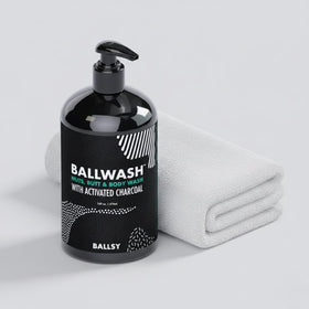 Ballsy bottle placed near shower caddy demonstrating everyday convenience