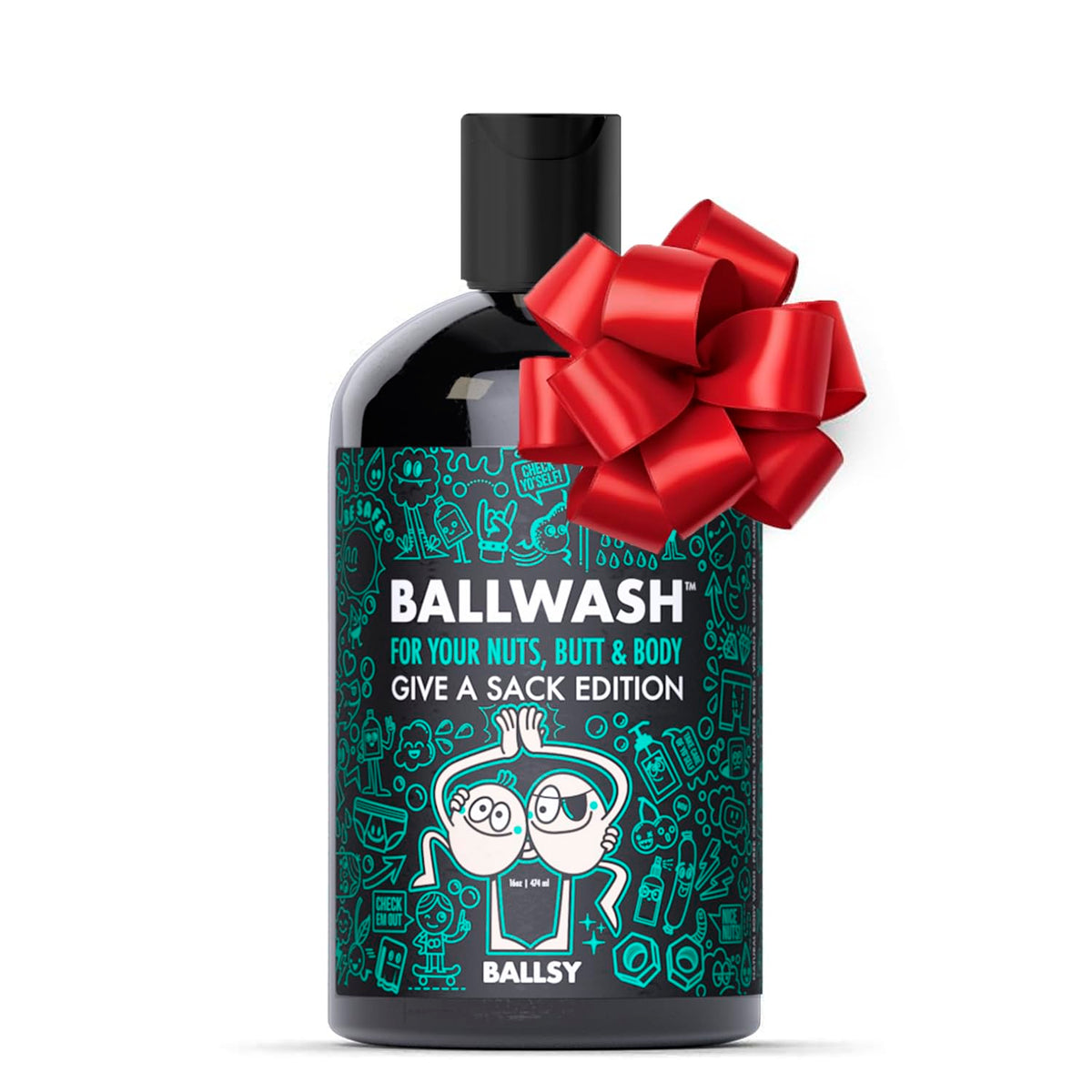 Ballsy Give-A-Sack front pump bottle showing label and convenient dispenser