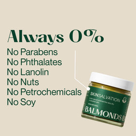 Balmonds label close-up showing ingredient list and fragrance-free benefit