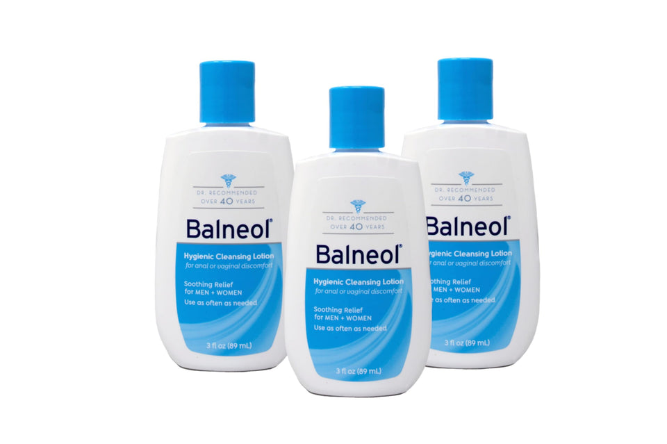 Balneol front packaging three bottles showing product convenience and gentle cleansing