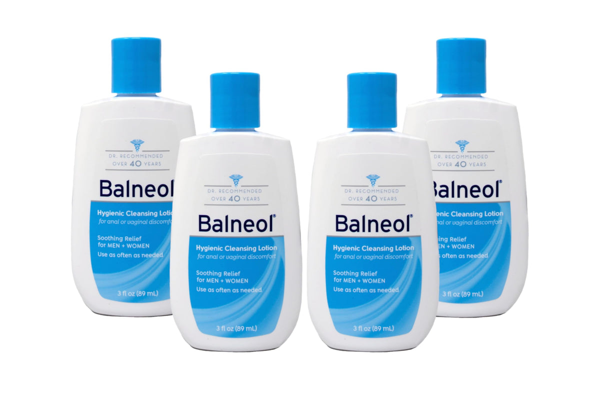 Balneol front packaging showing four 3.0 oz bottles and product benefit