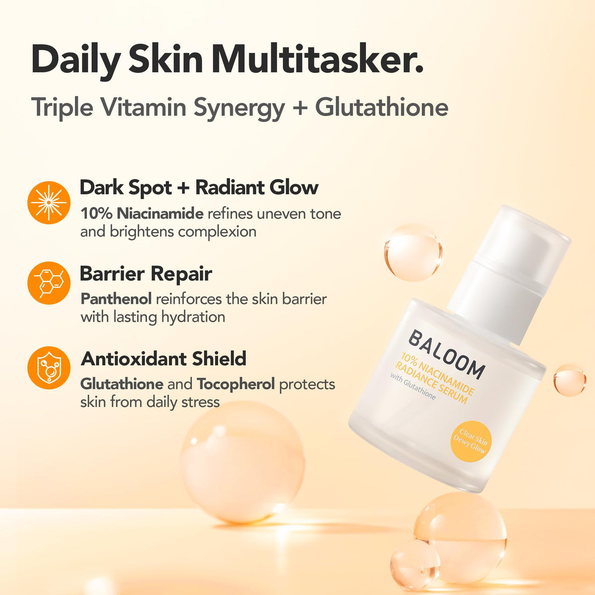 BALOOM label close-up highlighting niacinamide and glutathione ingredients