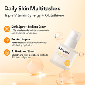 BALOOM label close-up highlighting niacinamide and glutathione ingredients