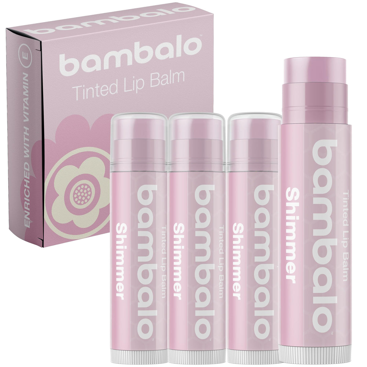 Bambalo front packaging showing four tinted balms and shimmer benefit