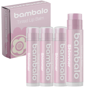 Bambalo front packaging showing four tinted balms and shimmer benefit