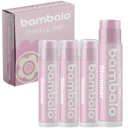 Bambalo front packaging showing four tinted balms and shimmer benefit
