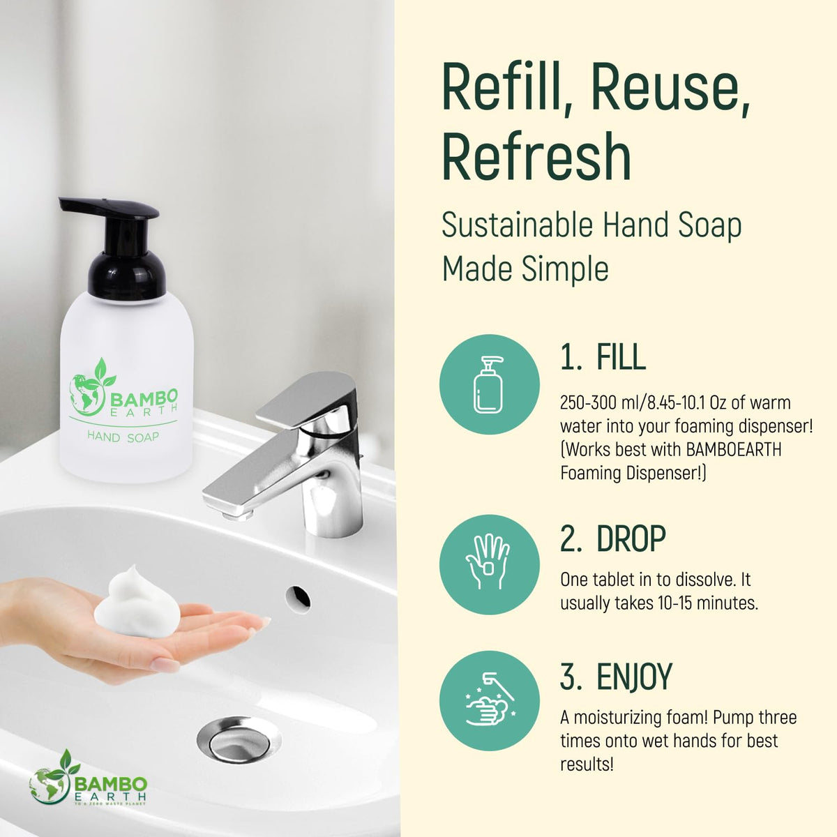 BAMBOEARTH hand pumping soft moisturizing foam from dispenser