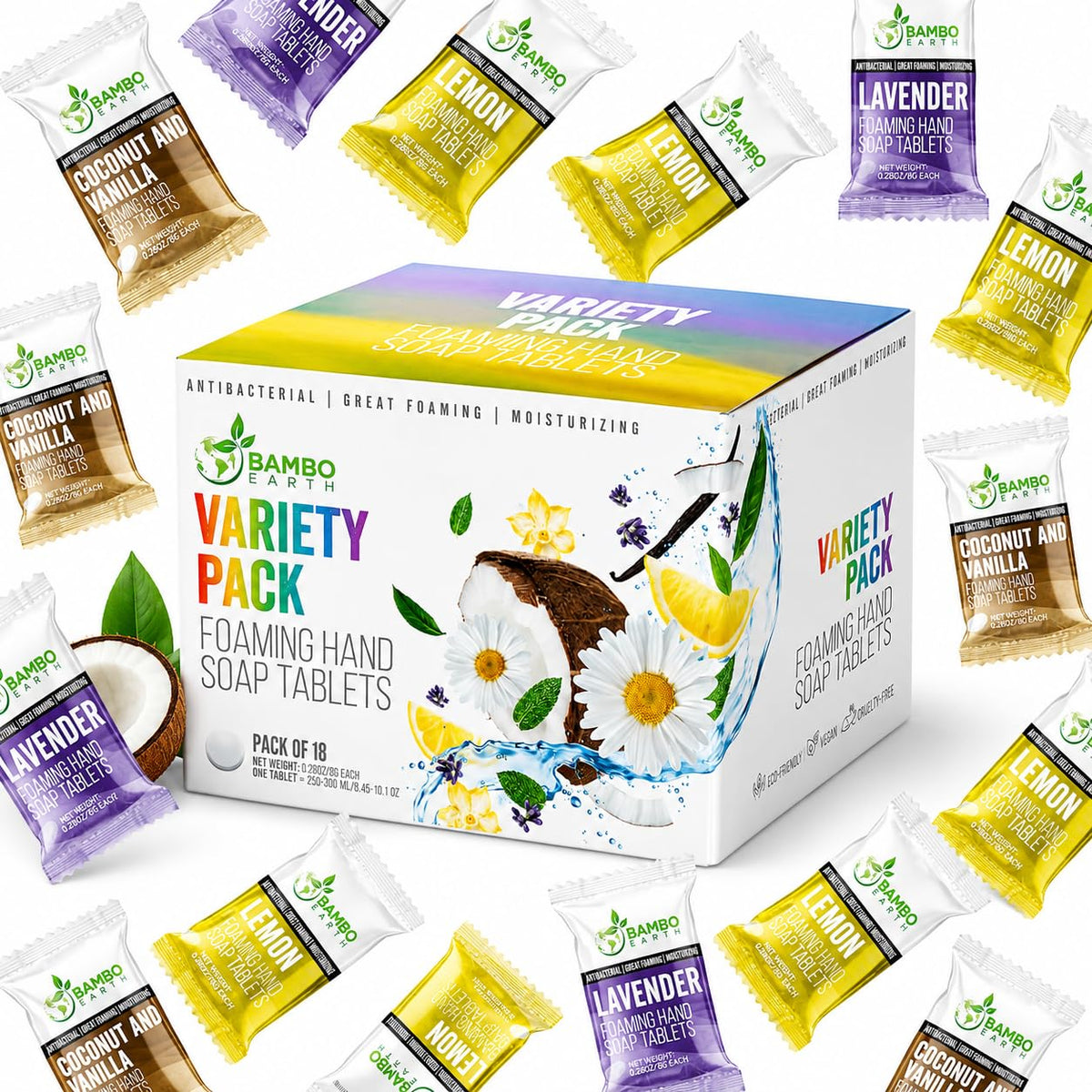 BAMBOEARTH front packaging showing 18 tablet pack and eco benefits