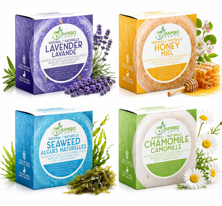 BAMBOEARTH front packaging showing four organic shampoo bars and eco benefits