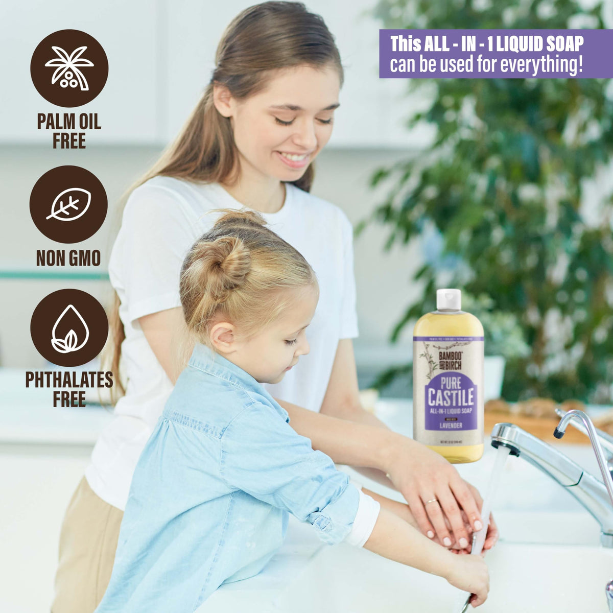 BAMBOO AND BIRCH bottle in bathroom dispenser showing practical everyday use