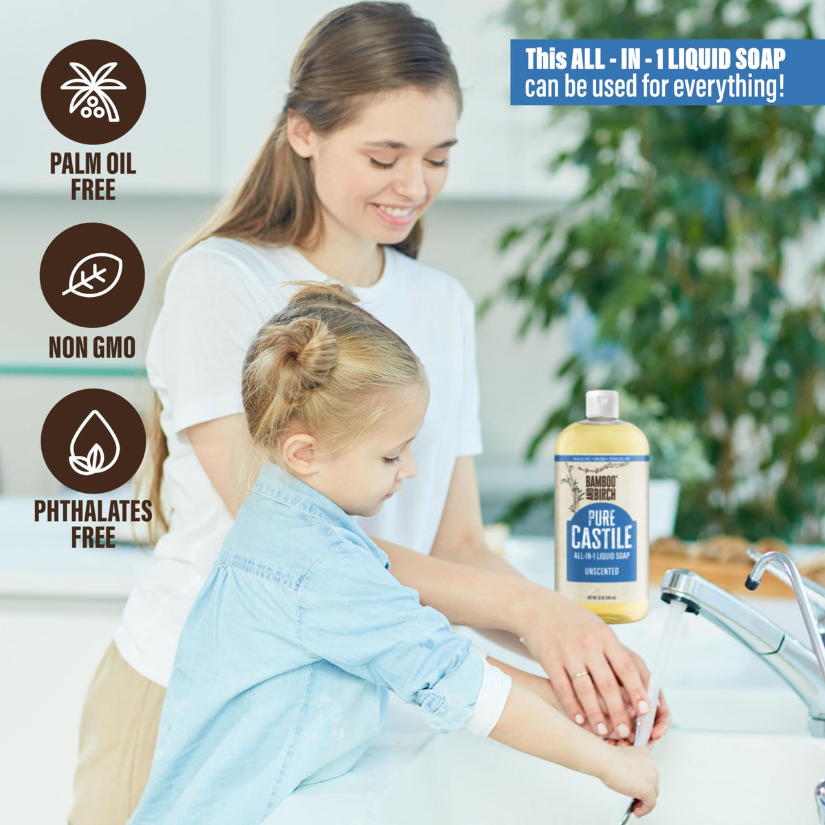 BAMBOO AND BIRCH bottle on kitchen counter illustrating multiuse cleaning convenience