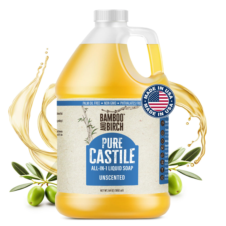 BAMBOO AND BIRCH front bottle view showing unscented label and large 64 oz size benefit