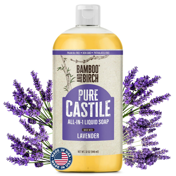 BAMBOO AND BIRCH front label on 32 oz bottle showing product name and lavender