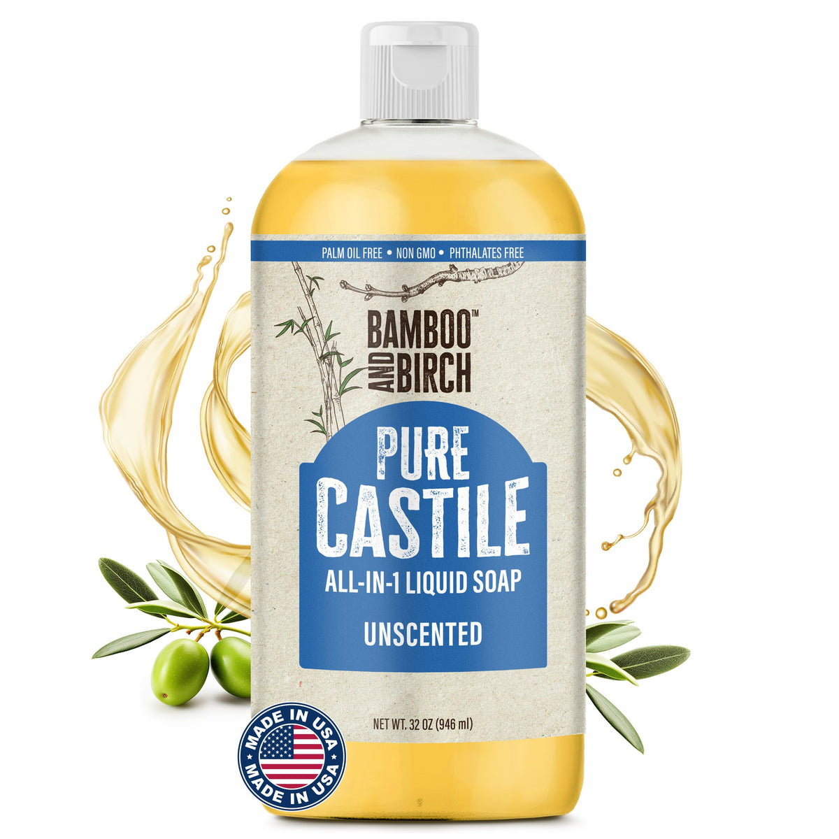 BAMBOO AND BIRCH front label of 32 oz unscented Castile soap showing product name and size