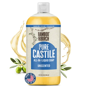 BAMBOO AND BIRCH front label of 32 oz unscented Castile soap showing product name and size