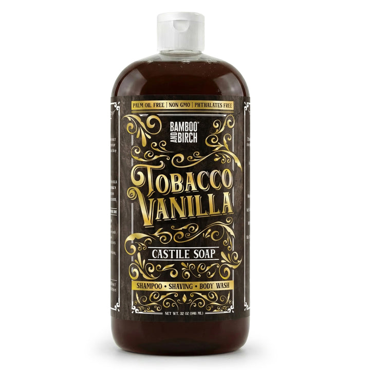 BAMBOO AND BIRCH front label showing tobacco vanilla scent and 32 oz size benefit