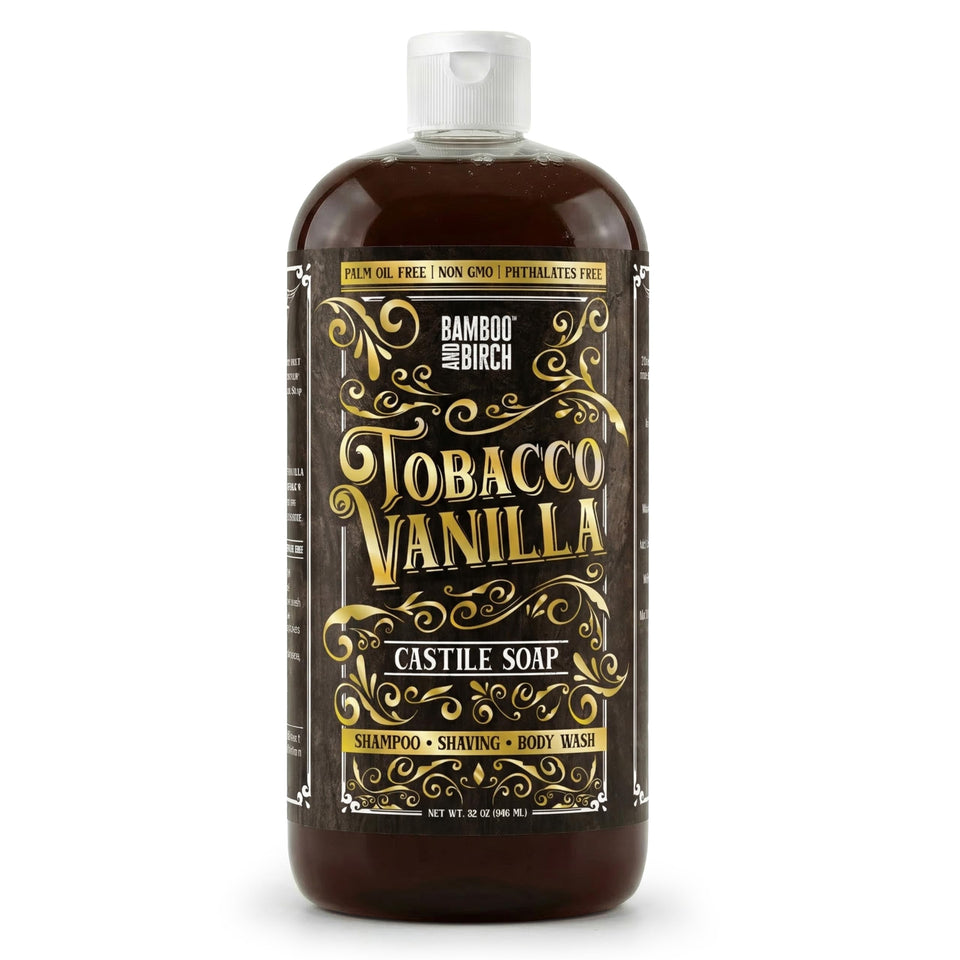 BAMBOO AND BIRCH front label showing tobacco vanilla scent and 32 oz size benefit