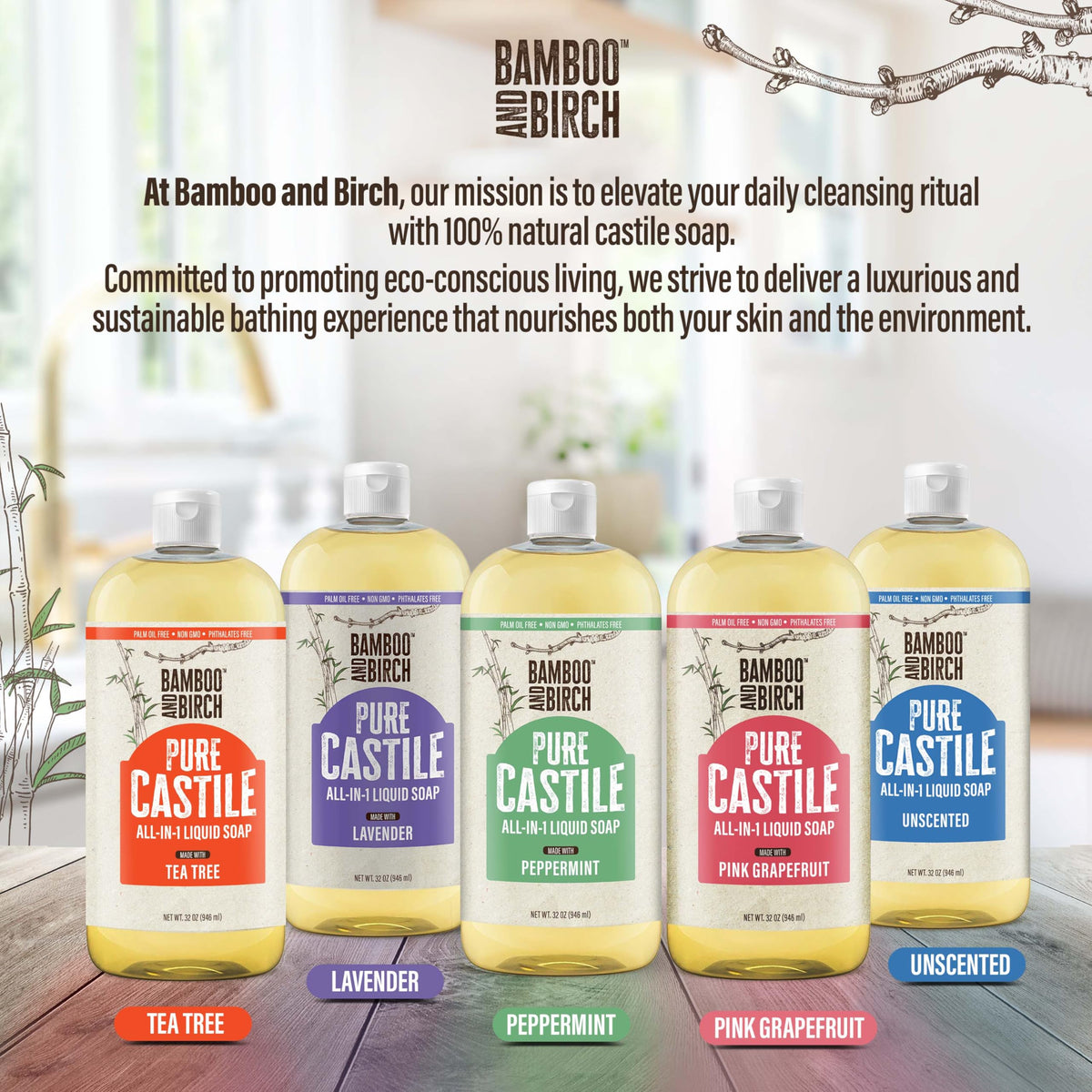 BAMBOO AND BIRCH ingredients label detail highlighting natural, palm-free formula