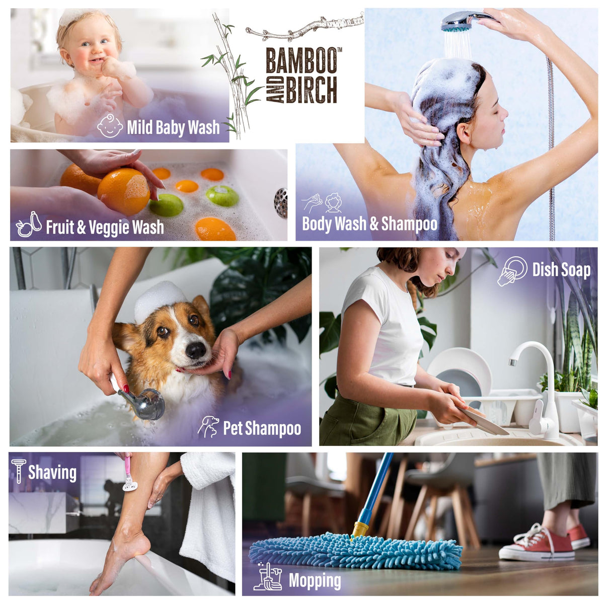 BAMBOO AND BIRCH soap lather texture illustrating gentle cleansing and rich foam