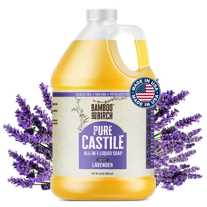 BAMBOO AND BIRCH front bottle view showing 64 oz lavender liquid soap and clear labeling