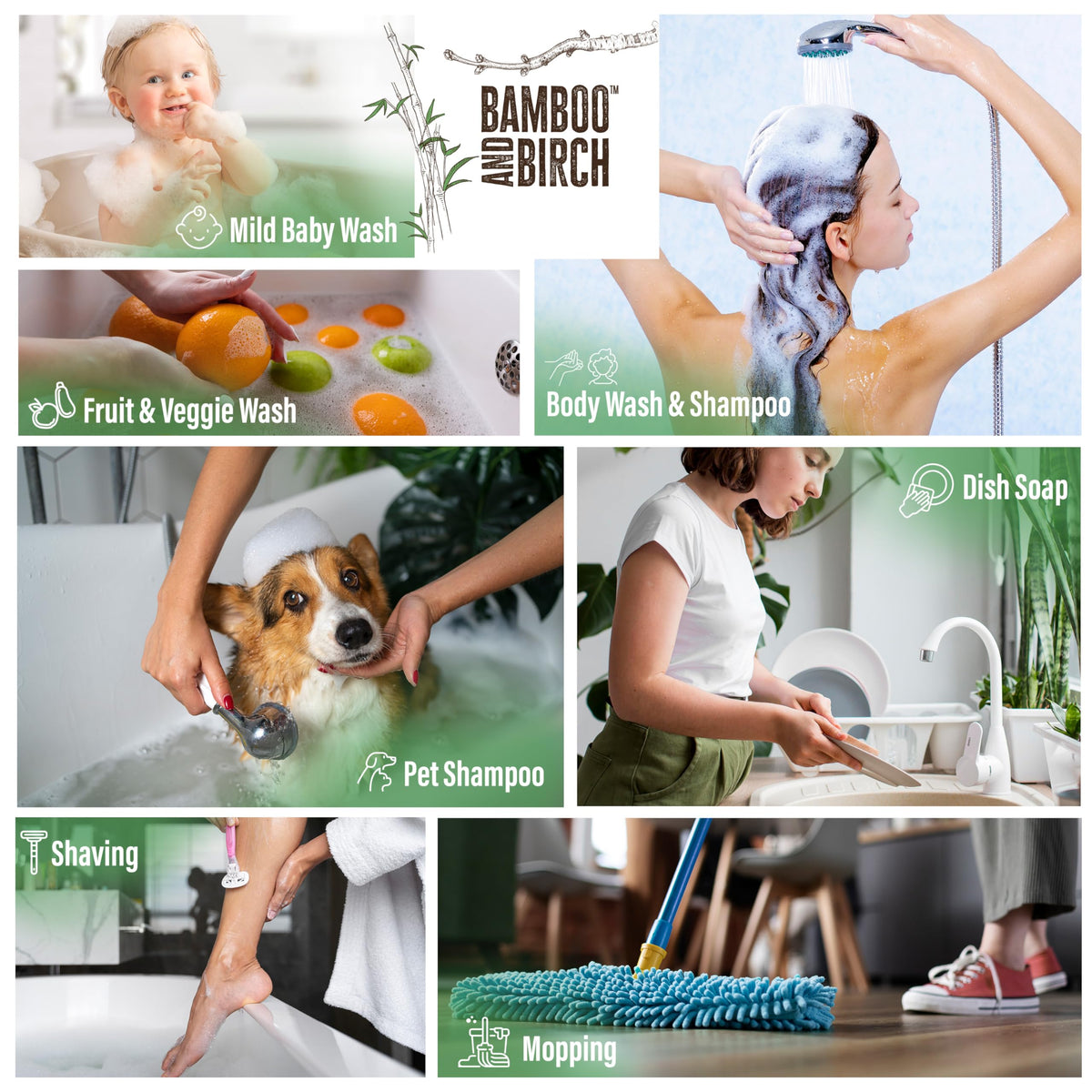 BAMBOO AND BIRCH lather texture on loofah demonstrating gentle effective cleansing