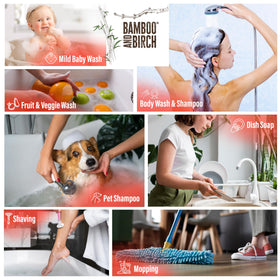 BAMBOO AND BIRCH dispensing soap from pump into hand for easy dosing