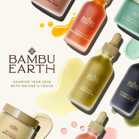 BAMBU EARTH on a bathroom vanity suggesting daily ritual and calming skincare benefit