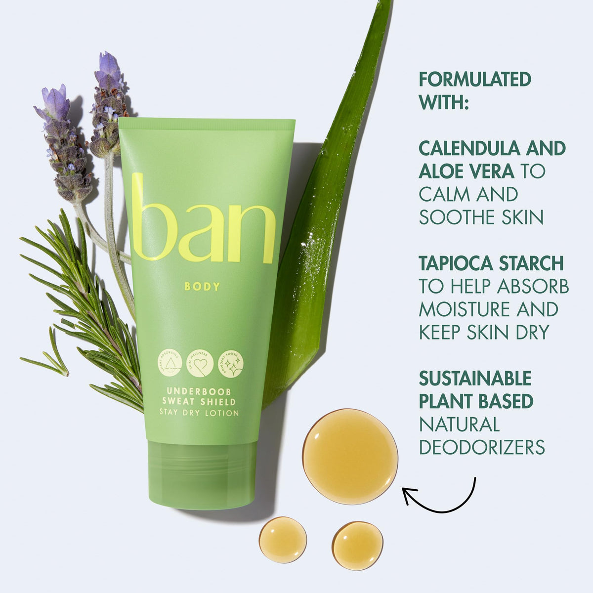 Ban close-up texture of cream-to-powder formula for quick absorption