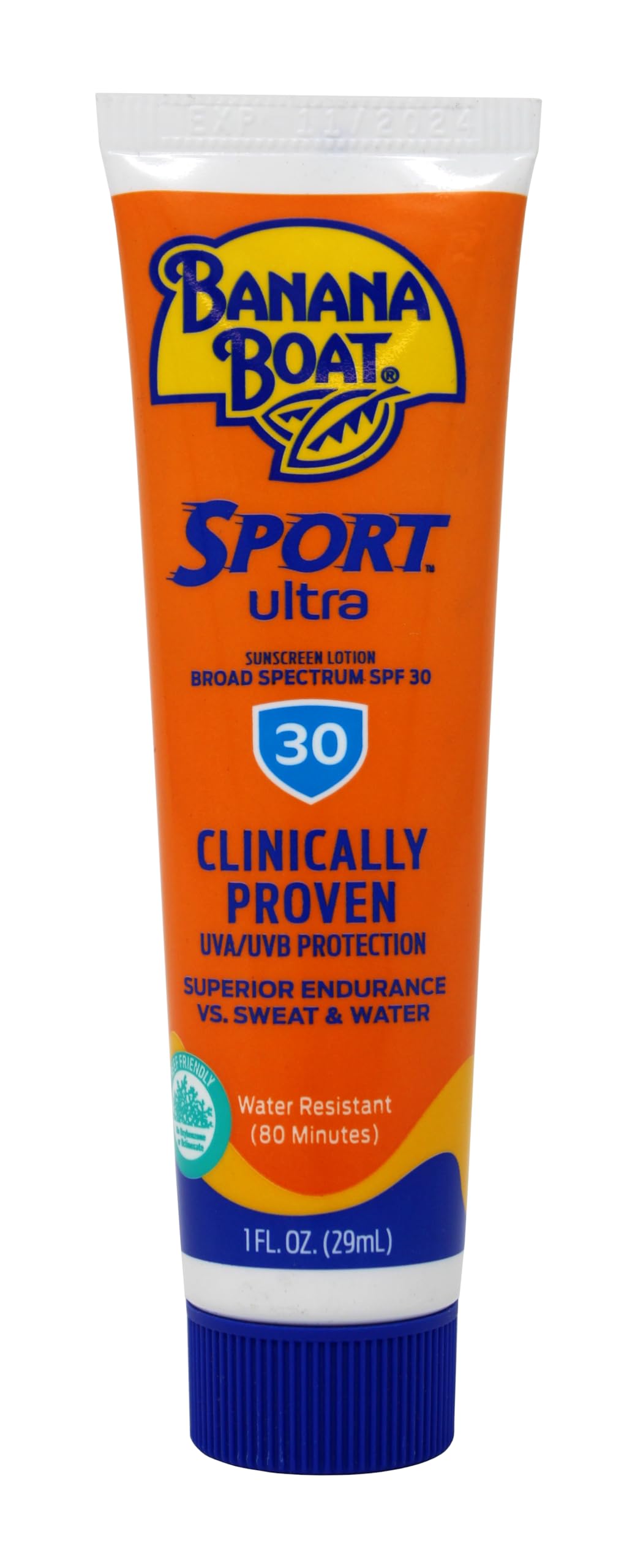 Banana Boat 1 oz tube next to hand demonstrates portable travel-ready size