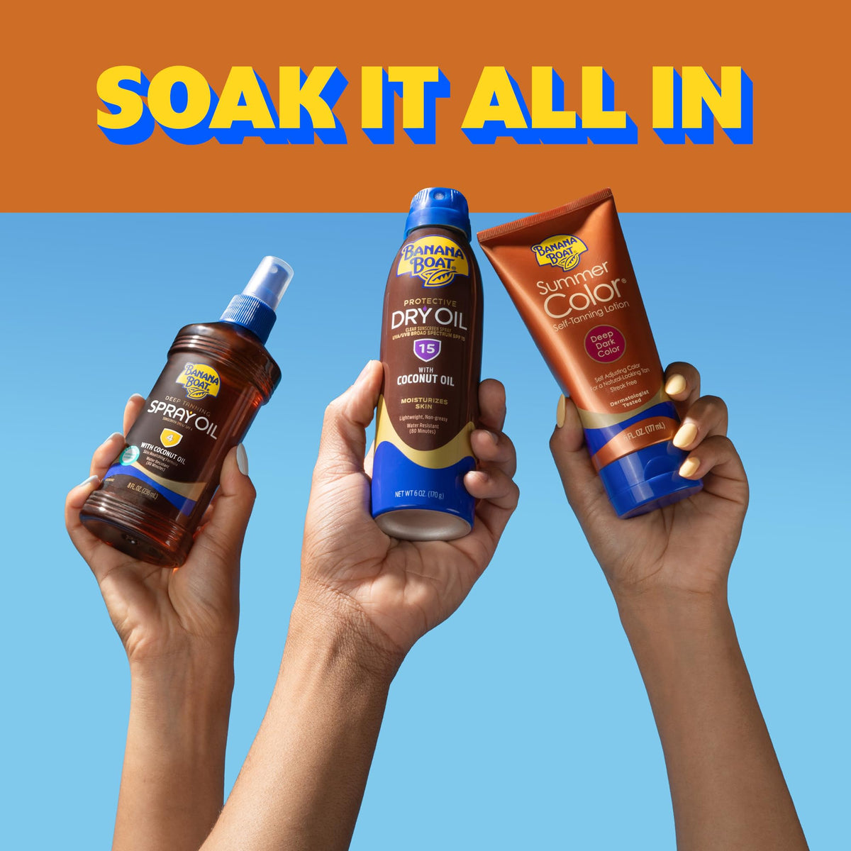 Banana Boat with argan oil droplet highlighting nourishing, silky feel