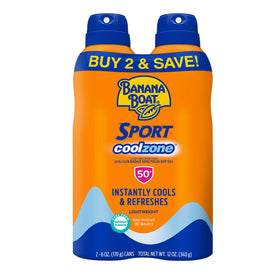 Banana Boat front packaging showing twin cans and SPF 50 protection