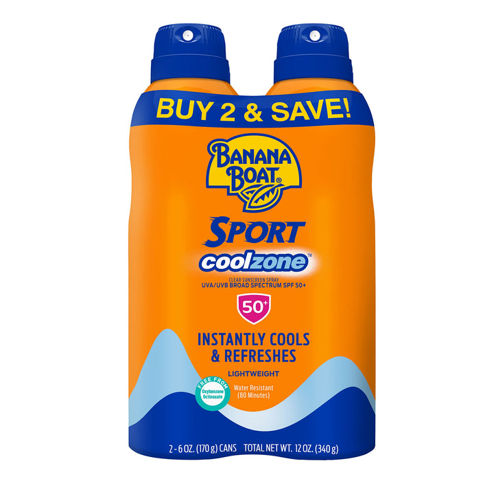 Banana Boat front packaging showing twin cans and SPF 50 protection
