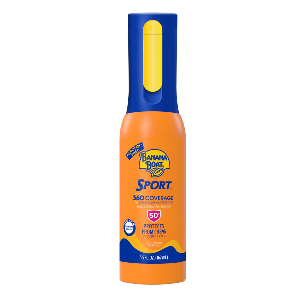 Banana Boat front packaging showing SPF 50 benefits and bottle