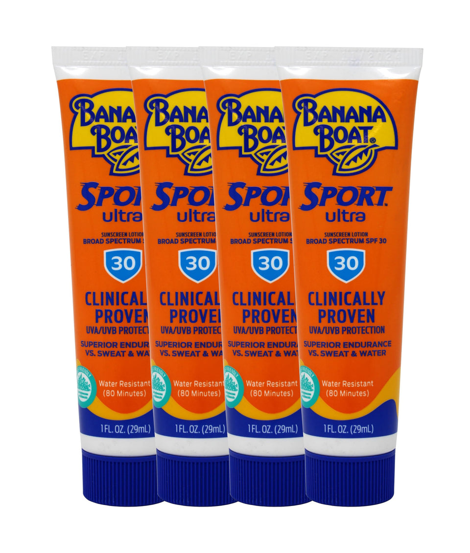 Banana Boat front packaging SPF 30 shows compact four-pack convenience