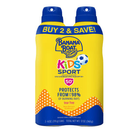 Banana Boat front packaging of twin pack showing SPF 50 and sport kids benefits
