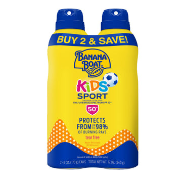 Banana Boat front packaging of twin pack showing SPF 50 and sport kids benefits