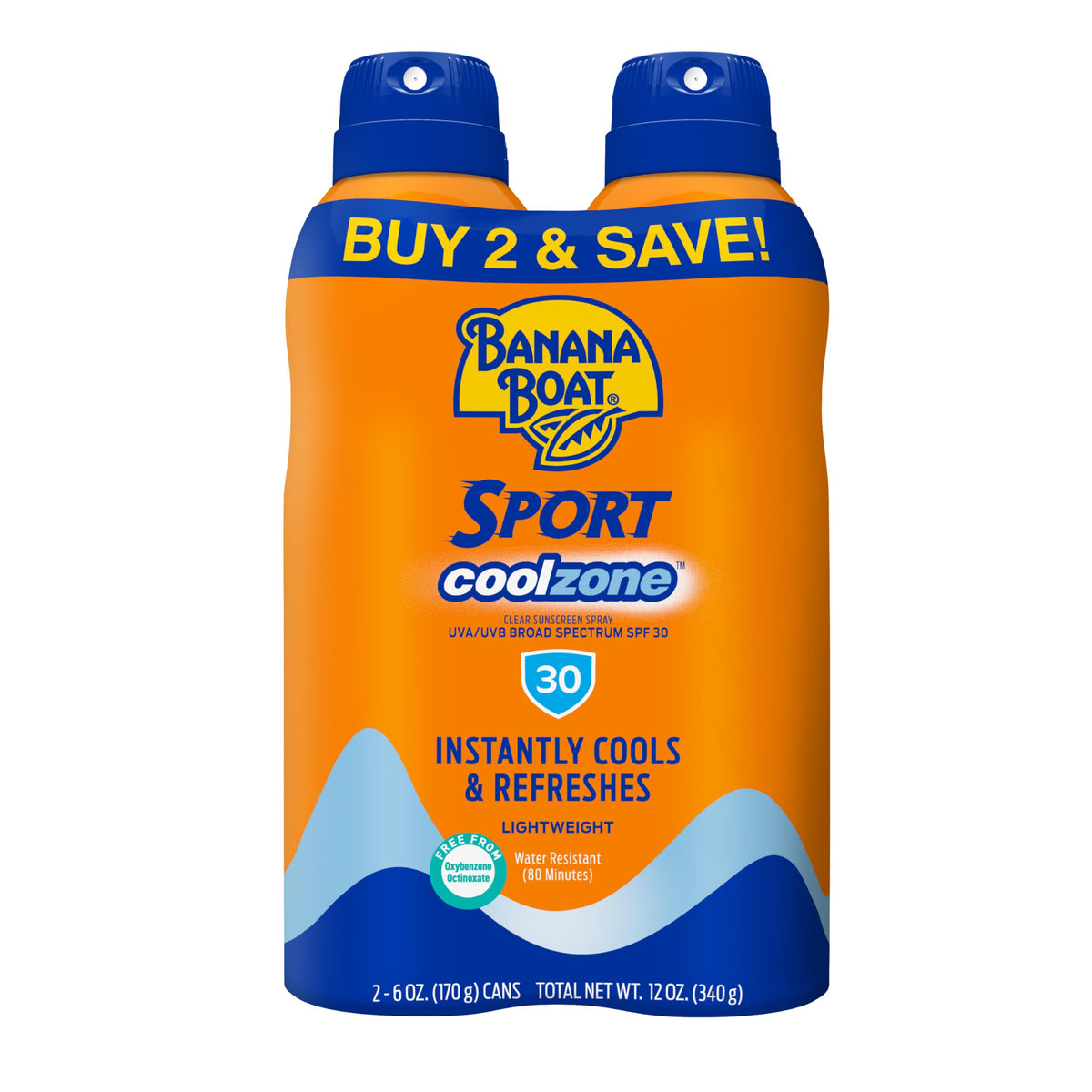 Banana Boat front packaging showing twin spray cans and SPF 30 protection benefits